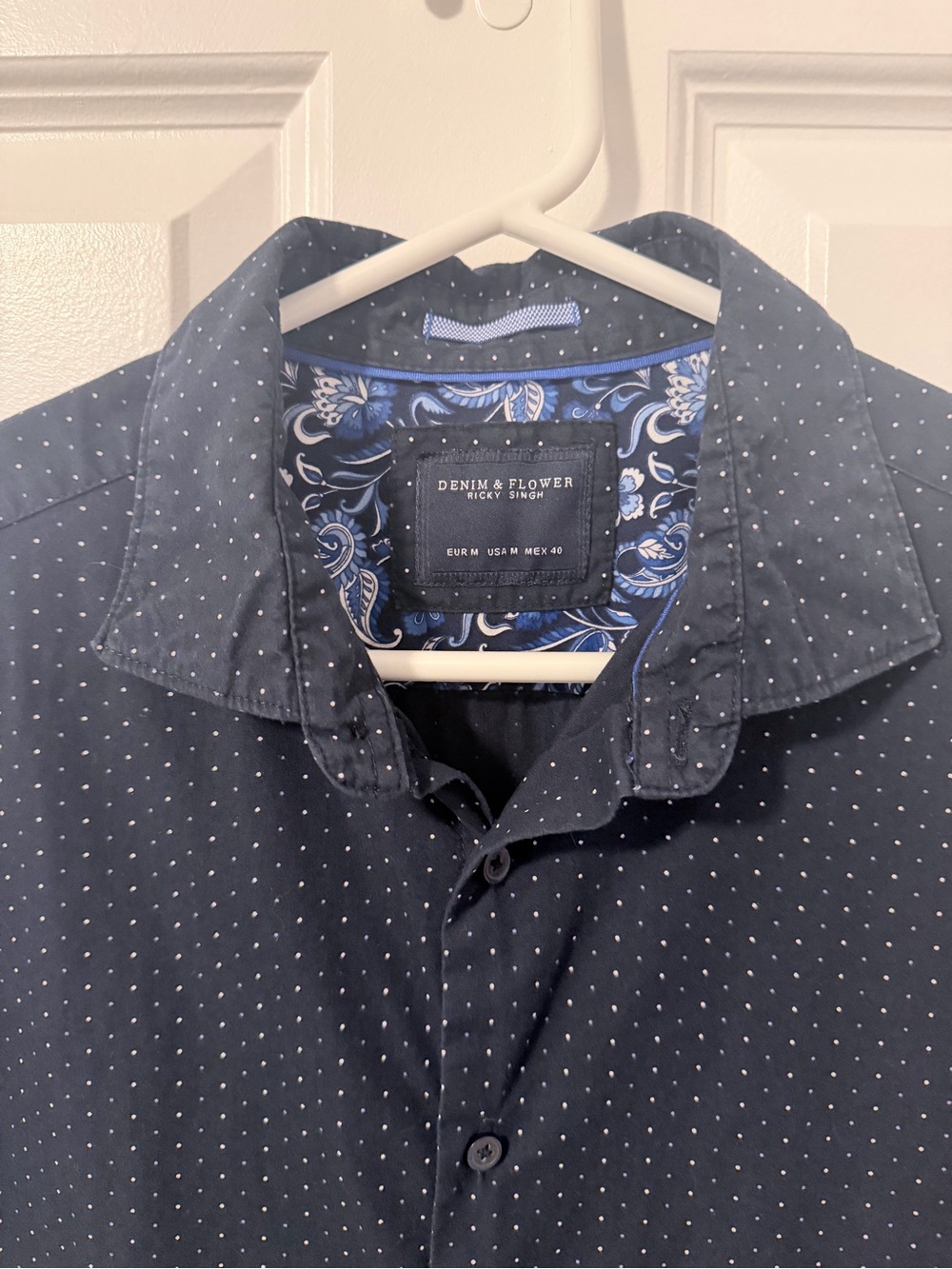 Denim & Flower Navy Shirt with White Micro Dots